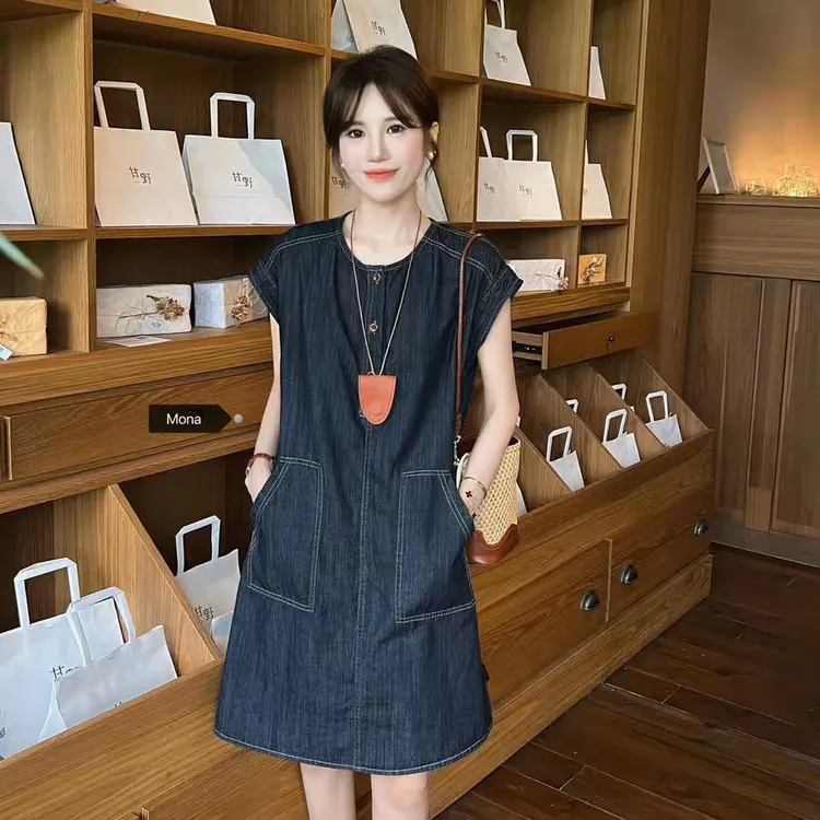 法式复古圆领背心连衣裙女2025夏季新款韩版显瘦牛仔长裙
