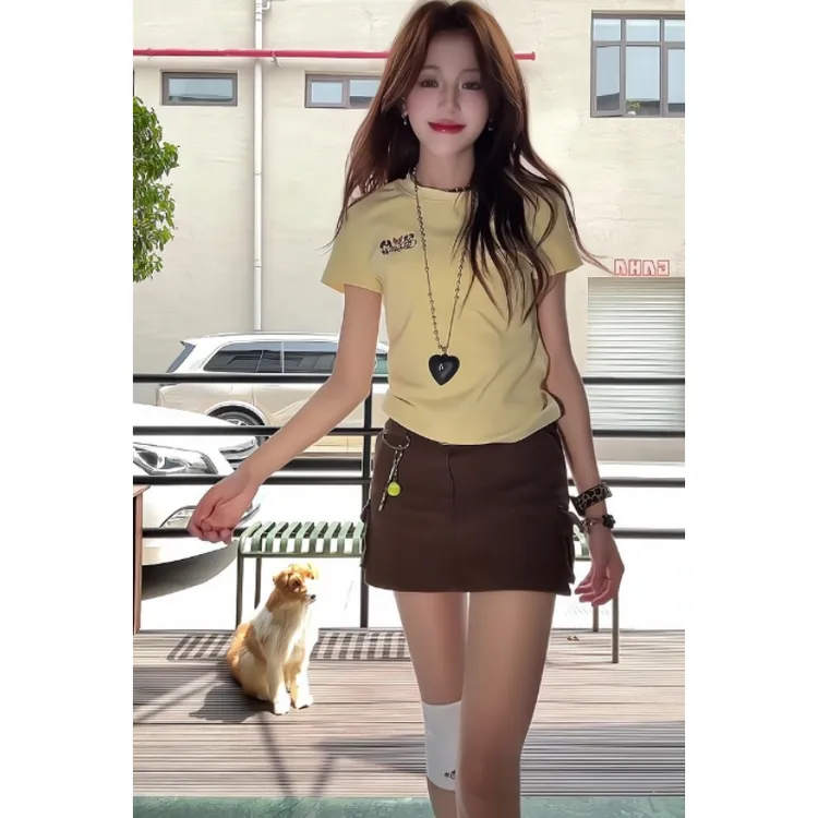 美式复古甜妹套装夏季百搭显瘦字母短袖上衣百搭短裙休闲两件套