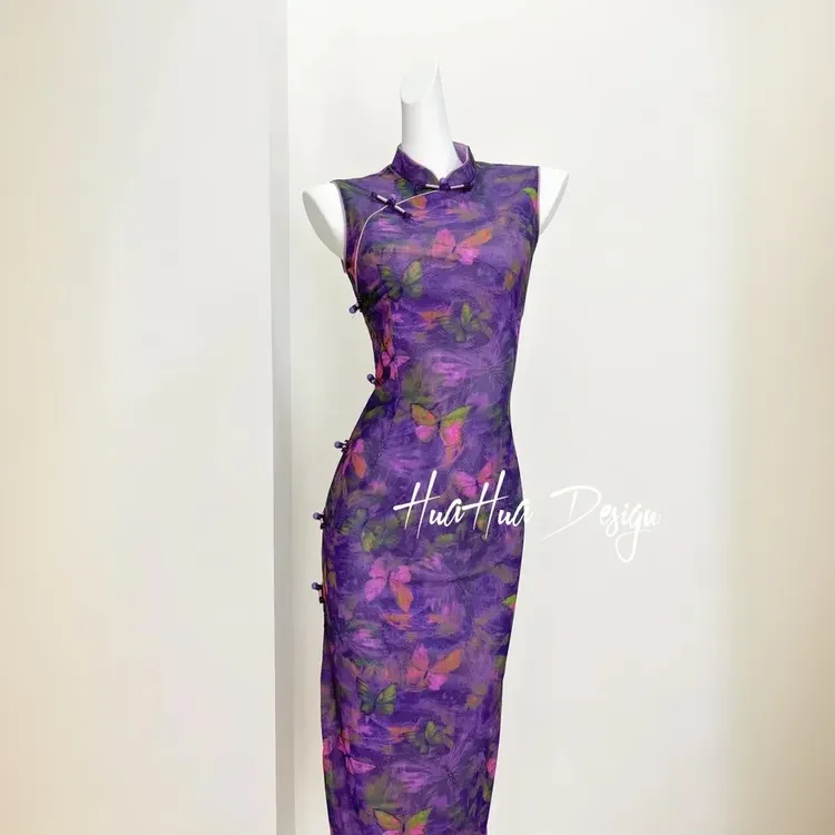 [紫蝶]新中式夏季少女气质优雅旗袍小清新日常可穿长款复古网红