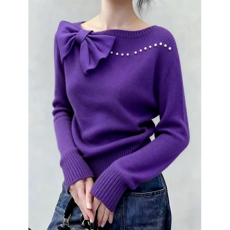 法式初冬新款一字领蝴蝶结设计感针织衫高端长袖休闲风宽松上衣女