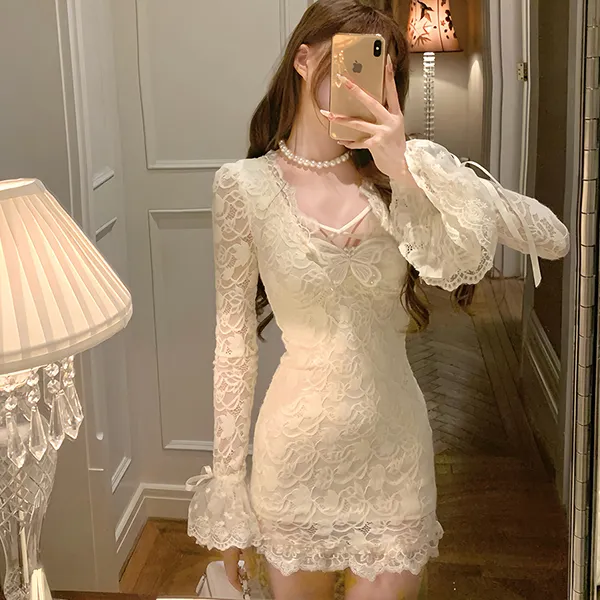 溪溪靓衫"温柔陷阱"气质温柔蕾纯欲丝紧身包臀裙白色修身连衣裙