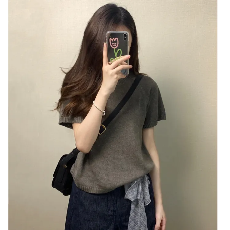 2025夏季新款时尚打底短袖上衣气质显瘦圆领套头外穿洋气休闲百搭