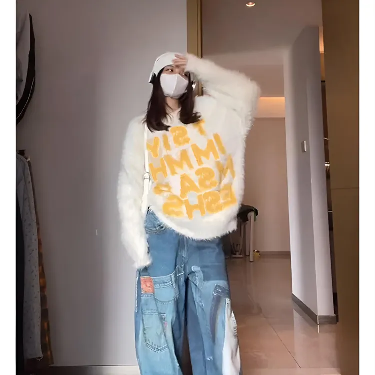 美式复古马海毛字母黄色毛衣男秋季高级感慵懒风情侣装圆领针织衫