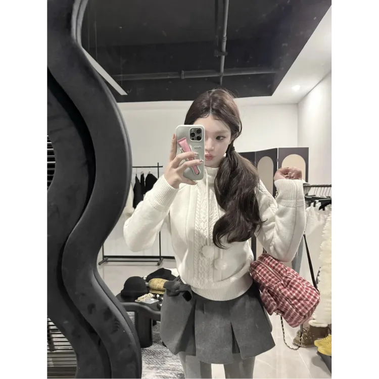 温柔风韩系奶呼呼软糯毛衣重工毛球连帽针织衫上衣半身裙时尚套装