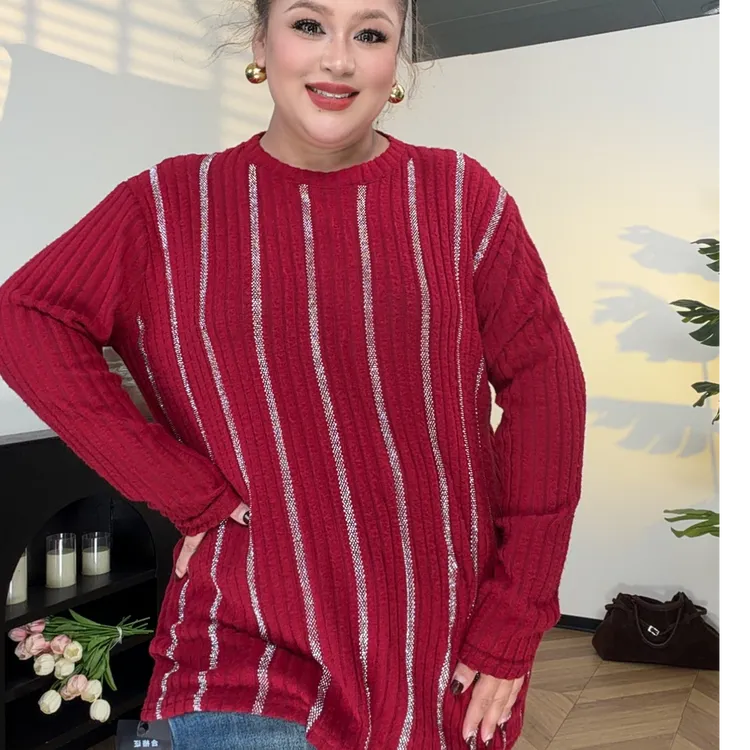 AHLIMA大码女装2025推荐款秋冬条纹亮片包袖圆领宽松型休闲时尚