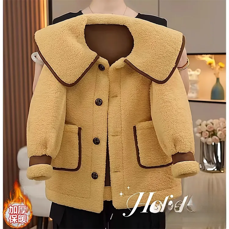 女童娃娃脸羊羔毛大衣秋冬2025新款加厚卡通皮毛一体外套毛毛衣潮