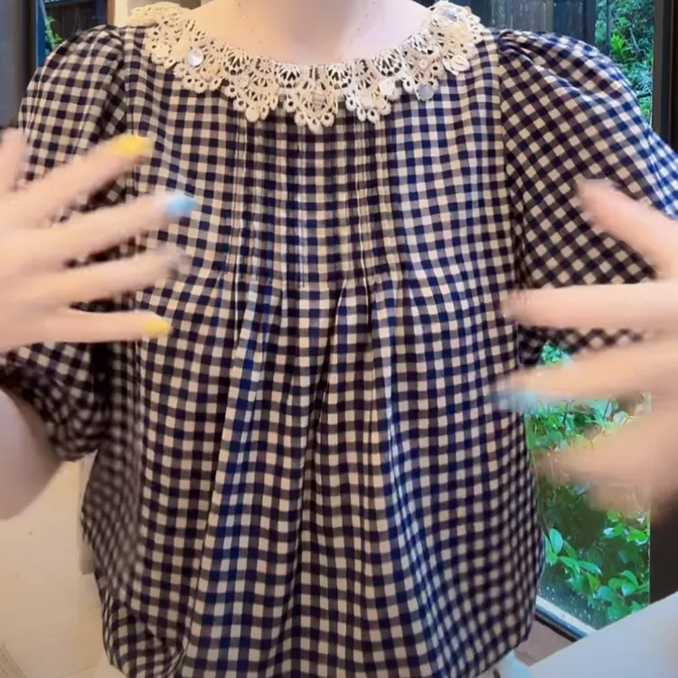 蕾丝花边娃娃领格子单排扣衬衫女2025夏季新款简约百搭休闲上衣