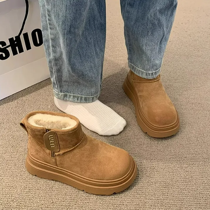 复古厚底雪地靴女2024新款冬季加绒加厚皮毛一体短筒保暖东北棉鞋