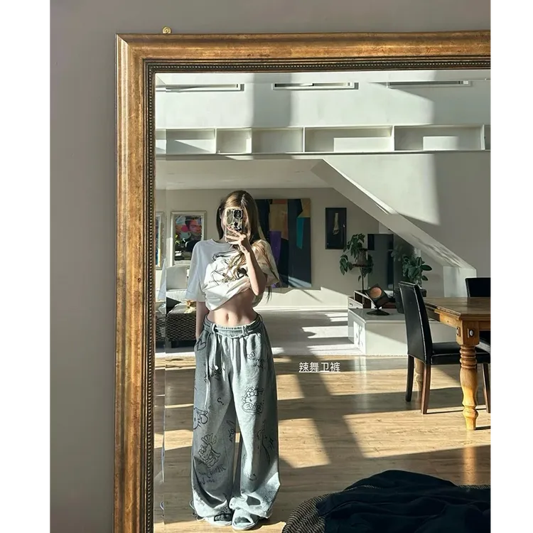 KT脑袋 灰色kt印花慵懒直筒显瘦休闲裤女