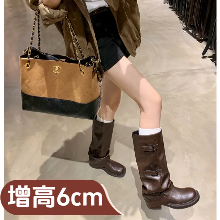 苏茵茵同款真皮裤管靴厚底增高中筒皮带扣西部骑士靴黑色堆堆靴女