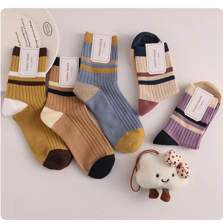 女长筒袜防臭透气条纹拼色中筒女袜4002