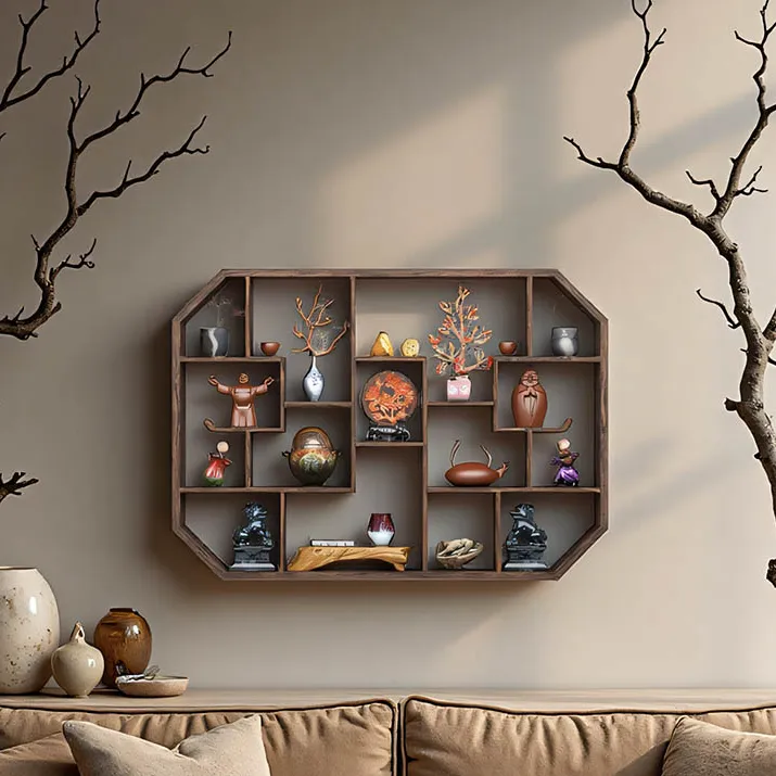 慕意博古架实木新中式壁挂式上墙茶壶展示架置物架简约现代多宝阁
