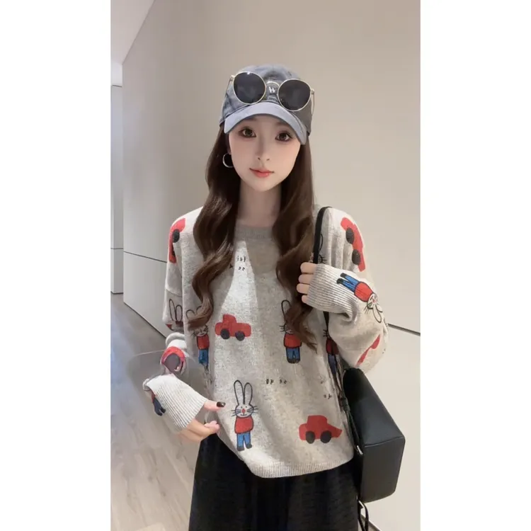 洋气慵懒风宽松套头软糯字母卡通兔子针织衫圆领针织衫毛衣H9-17
