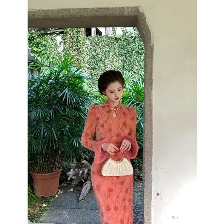 现货一生罗曼【妩娆】秋冬加绒加厚新中式旗袍结婚订婚连衣裙L1597