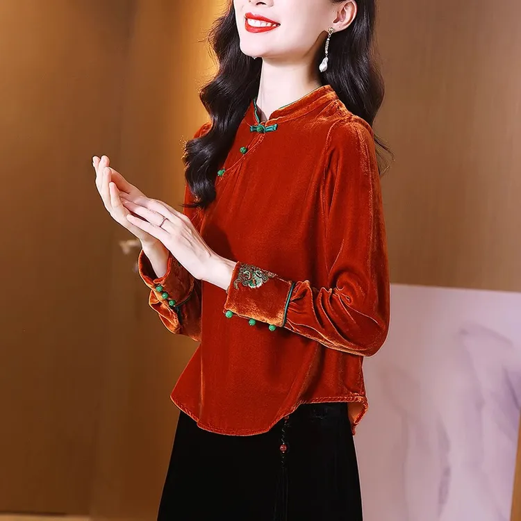 春季真丝丝绒上衣女国风复古文艺刺绣斜襟100%桑蚕丝唐装打底小衫