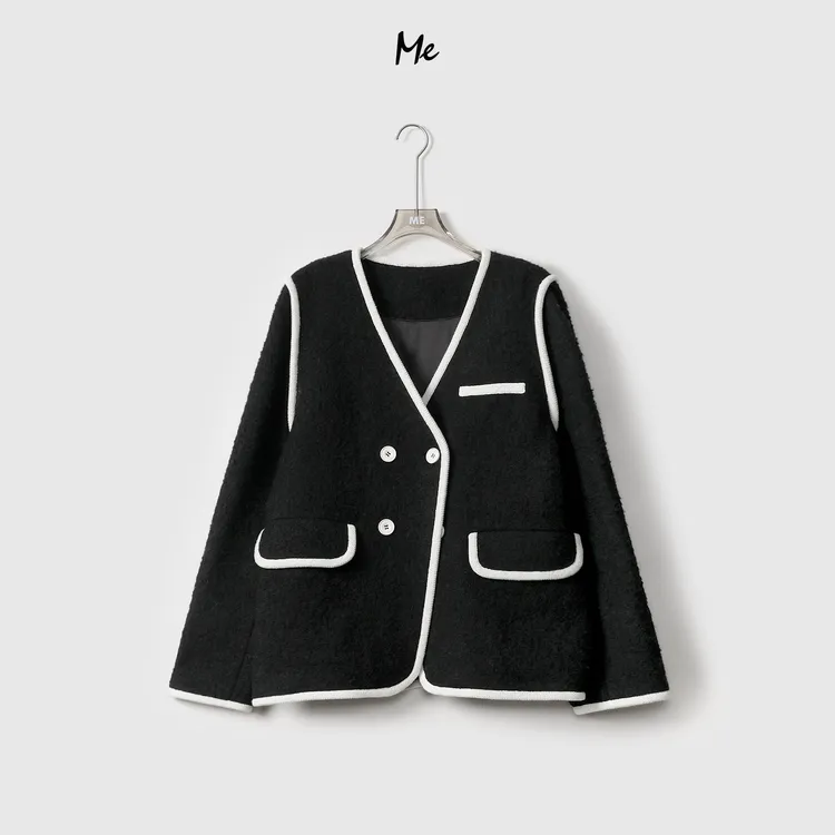 ME【小香外套】新款小香风气质黑色拼接绵羊毛短款外套MEQC1577