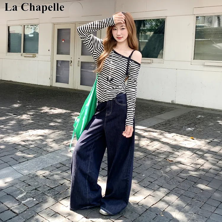 拉夏贝尔韩系辣妹条纹斜领长袖t恤女2025秋冬季新款修身显瘦上衣