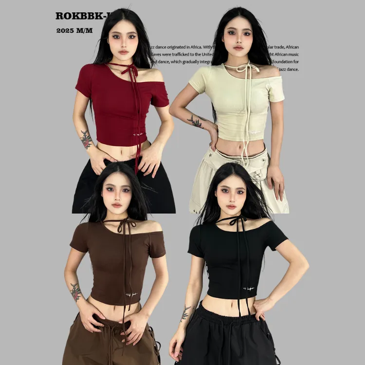 ROKBBK-K街舞潮牌2025斜肩系带休闲显瘦女短袖T恤百搭爵士舞上衣