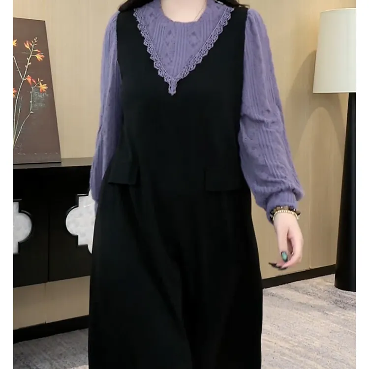 定制大码新款紫色蕾丝拼接连衣裙时尚气质显瘦裙子ZB6439