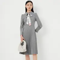 【晨粉专享价】秋冬款商务通勤收腰显瘦纯色百褶裙长袖连衣裙女