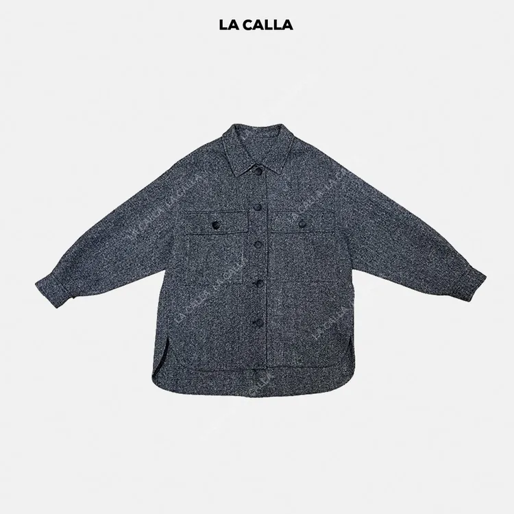 LA CALLA麦昆深灰色百搭毛呢羊绒毛翻领外套LN013