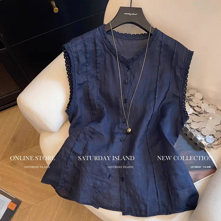 法式高级感蕾丝镂空拼接V领无袖背心女2025夏季新款宽松百搭上衣