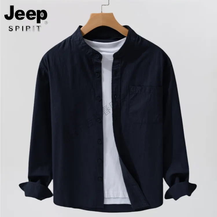 Jeep 吉普立领衬衫男款长袖2025春季新款休闲商务衬衣纯棉高级感