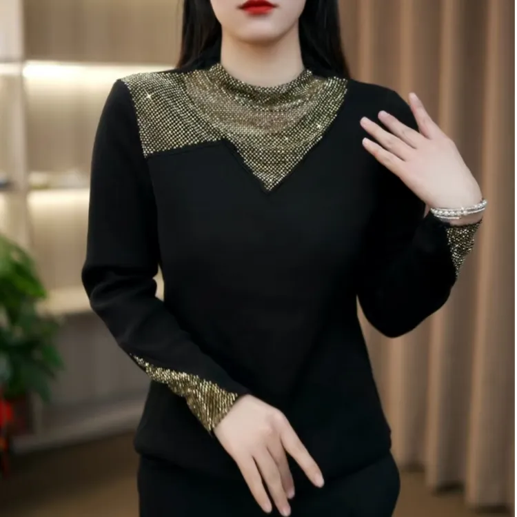 加绒冬款百搭镶钻纯色黑色洋气减龄T恤上衣内搭显瘦打底衫855