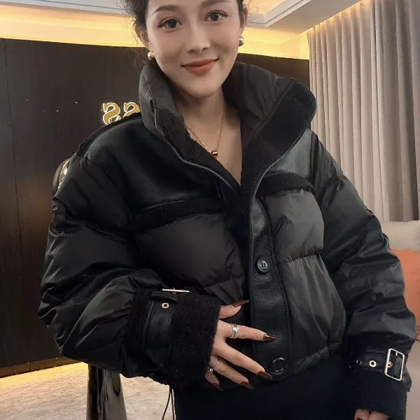 【耿老板1258#M】拼接皮立领时尚休闲精致小短款白鸭绒羽绒安心绒服