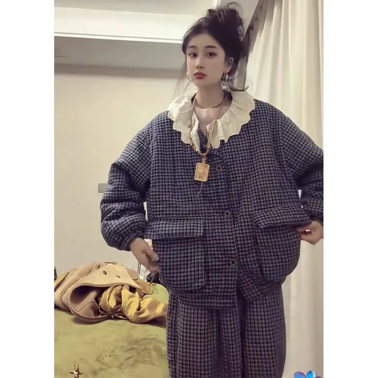 2025冬季新款洋气休闲单排扣上衣高腰长裤格子可外穿家居服套装女