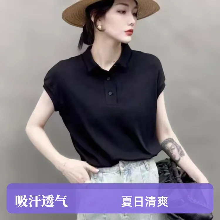 夏季薄款弹力翻领时尚显瘦百搭休闲纯色气质简约洋气减龄短袖T恤