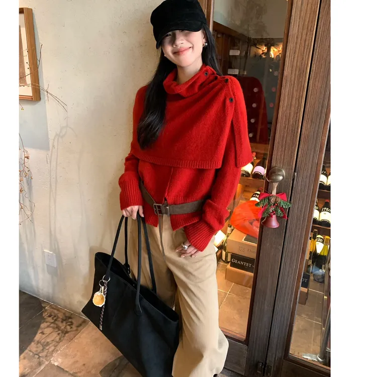 韩系高领斗篷披肩毛衣两件套女2025冬季新款高腰休闲阔腿裤26577