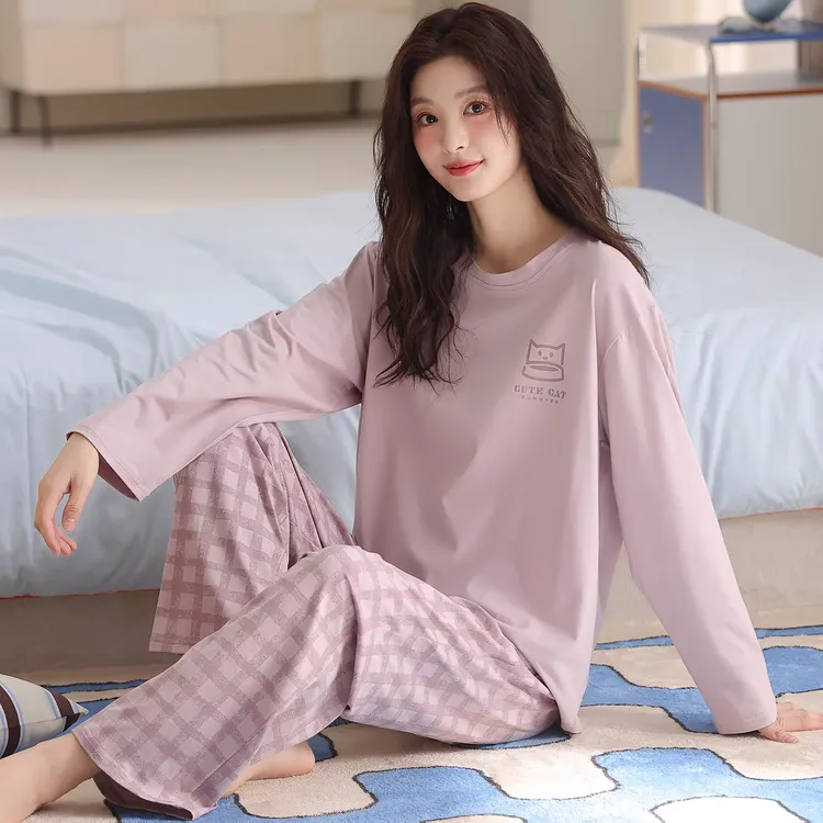 高档纯棉睡衣女春秋季新款长袖休闲宽松秋冬可外穿全棉家居服套装