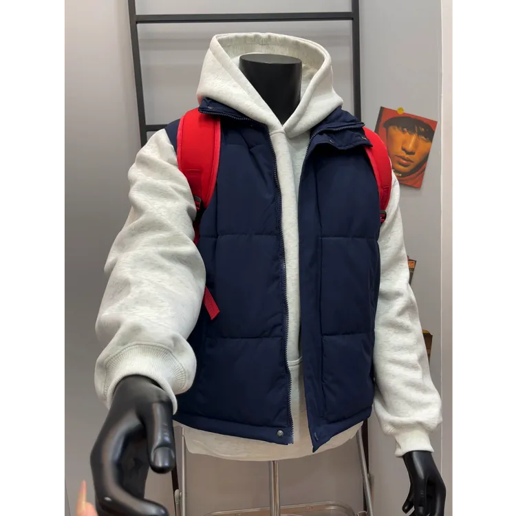 藏蓝色vintage背心马甲男女秋冬潮牌青少年立领无袖坎肩棉衣外套