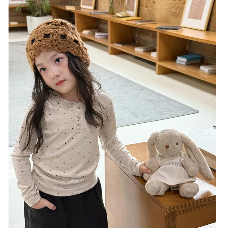 【小梨涡】秋季女童软糯羊绒棉坑条打底衫波点长袖T恤上衣25F001
