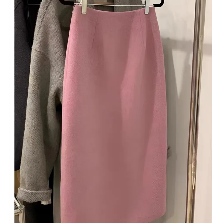 粉色毛呢半身裙2025女秋冬开叉a字高腰显瘦直筒百搭韩版中长款裙