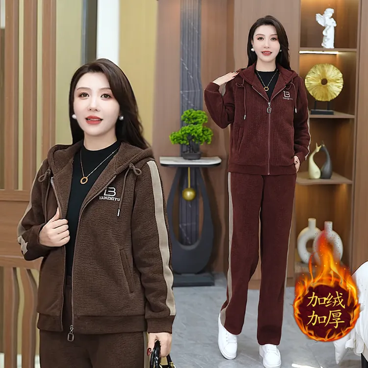 中老年女装连帽洋气加绒加厚休闲时尚套装大码妈妈装休闲两件套