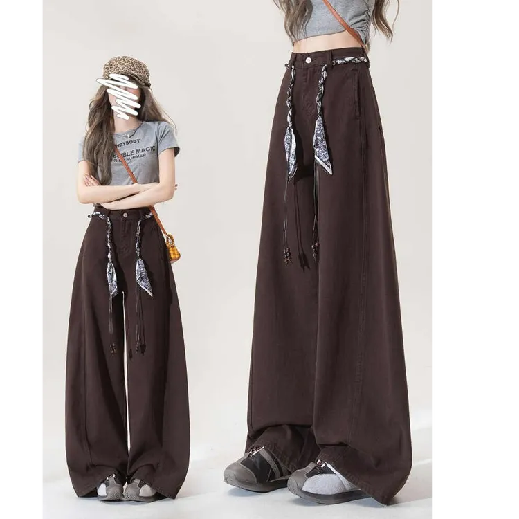 大码300斤咖色阔腿裤女秋冬加美式腰绳设计高腰显瘦垂感牛仔裤女