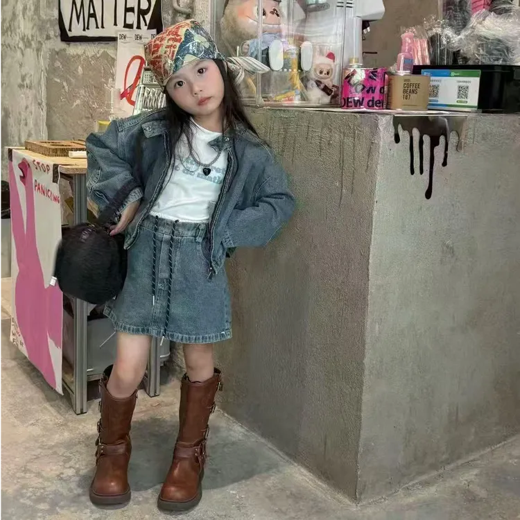 小思家女童2025秋复古美式甜酷辣妹风内搭白T牛仔外套半身裙套装