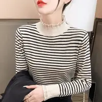 【条纹蕾丝打底】女士秋冬上衣长袖条纹打底衫洋气内搭时尚显瘦