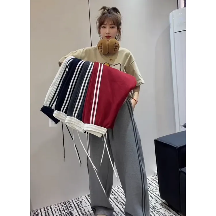 侧条纹抽绳弯刀加绒阔腿运动裤女2025冬季慵懒风宽松直筒休闲卫裤