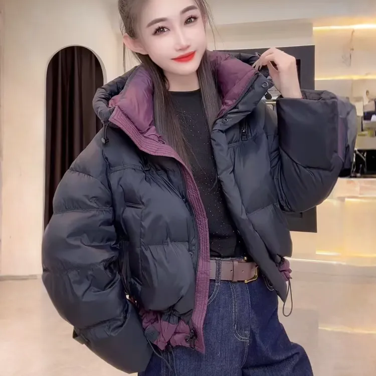 时尚棉服女2025秋冬新款韩版小个子短款撞色连帽面包服保暖外套