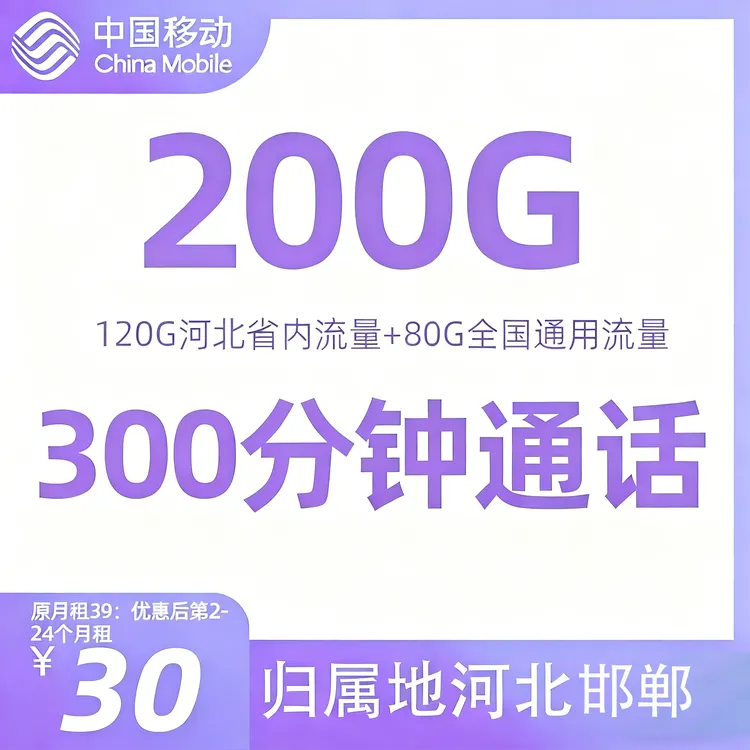 河北畅享卡29元月租大流量卡移动卡29元200g