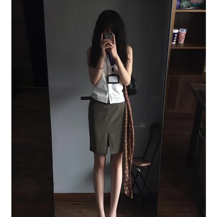 MARIE.COCO白色长袖衬衫上衣女搭配高腰休闲百搭a字包臀短裙套装