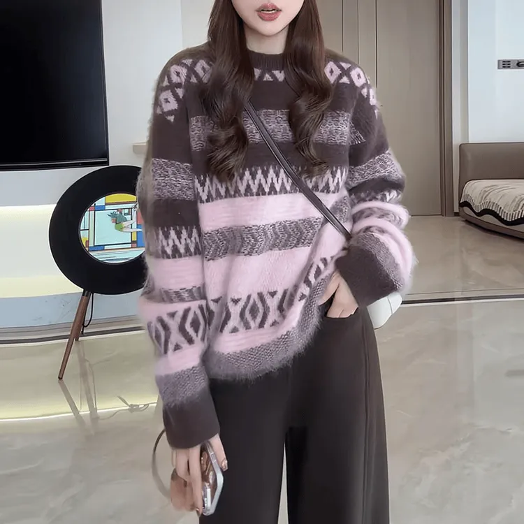 费尔岛菱格条纹针织衫女秋冬新款宽松慵懒风软糯套头毛衣长袖上衣