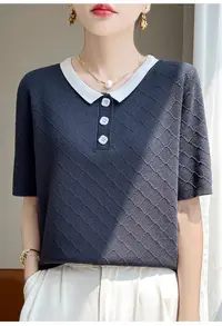 夏季拼色纽扣POLO领针织短袖冰丝女士针织衫