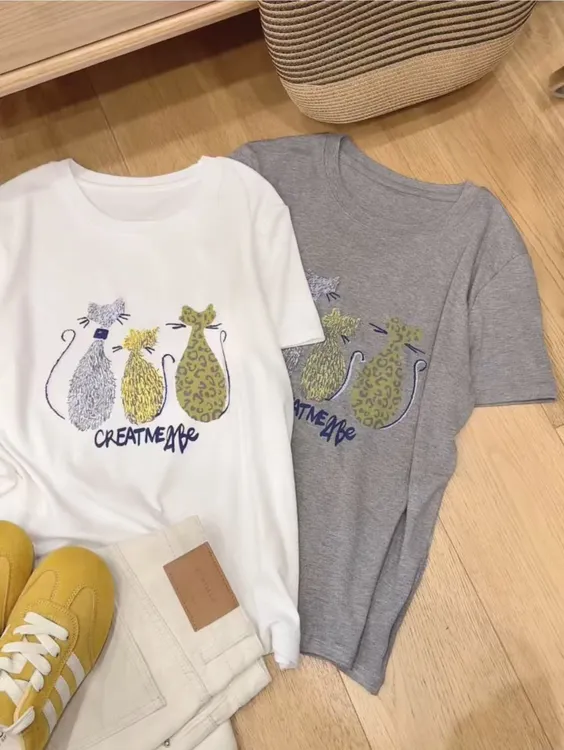 七言家巨好穿！三只小猫卡通百搭减龄宽松短袖体恤8@