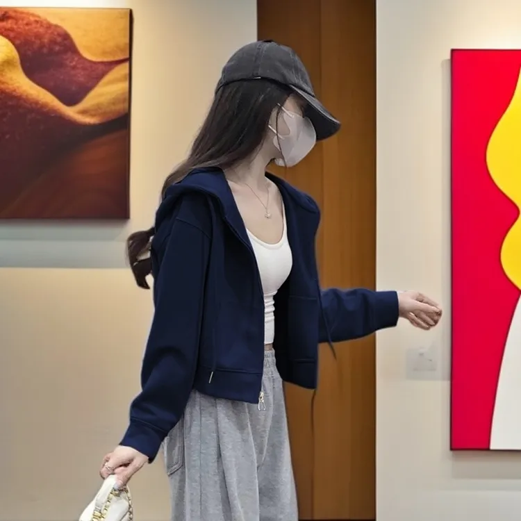 藏蓝色保暖连帽卫衣女重磅纯色秋冬季加绒开衫外套小个子短款上衣