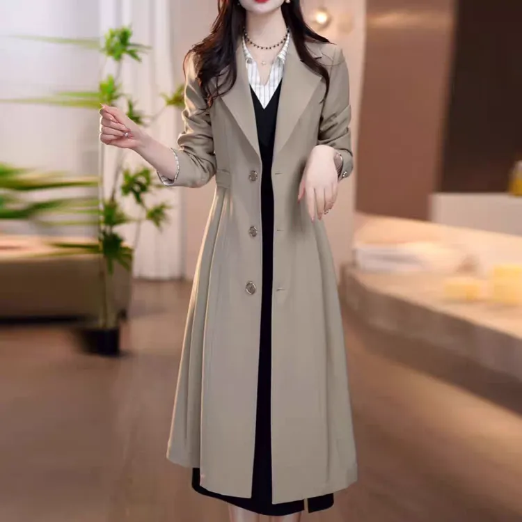 时尚气质长袖中长款风衣外套2025春秋保暖女轻奢西装修身收腰开衫