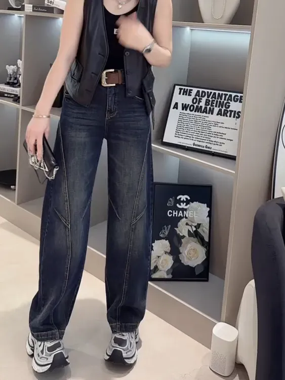2025早秋新款高腰显瘦大码阔腿弯刀牛仔裤